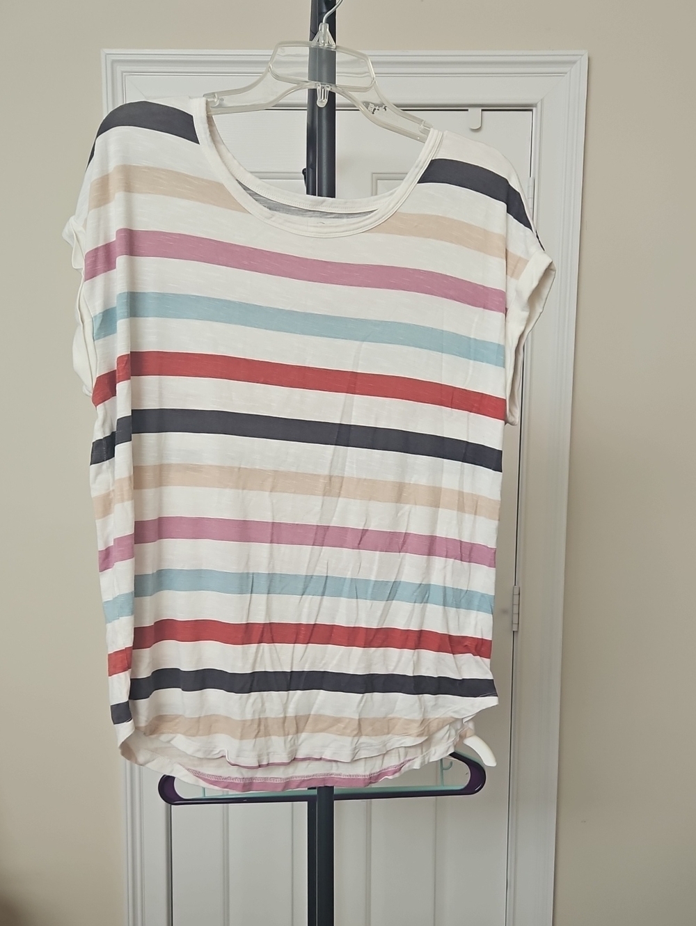Maurices Cream Short Sleeve Tee with Multicolor Horizontal Stripes